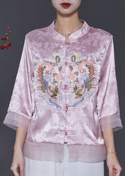 Pink Jacquard Silk Chinese Style Shirt Top Embroidered Spring