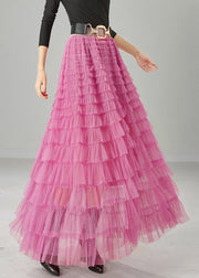 Pink Layered Tulle Beach Skirts High Waist Summer