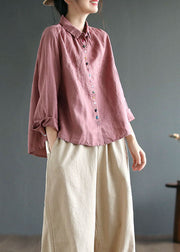 Pink Linen Shirt Top Peter Pan Collar Button Long Sleeve