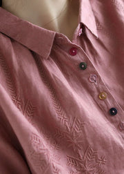 Pink Linen Shirt Top Peter Pan Collar Button Long Sleeve