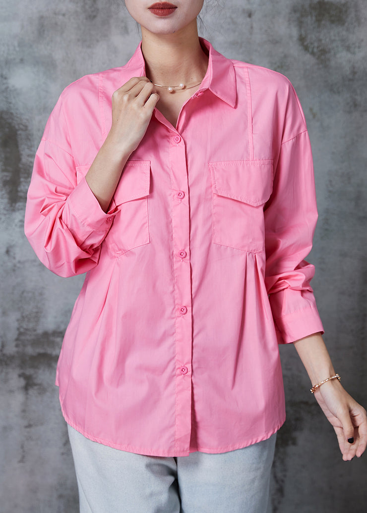 Pink Loose Cotton Shirt Tops Wrinkled Pockets Summer