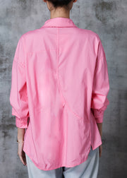 Pink Loose Cotton Shirt Tops Wrinkled Pockets Summer