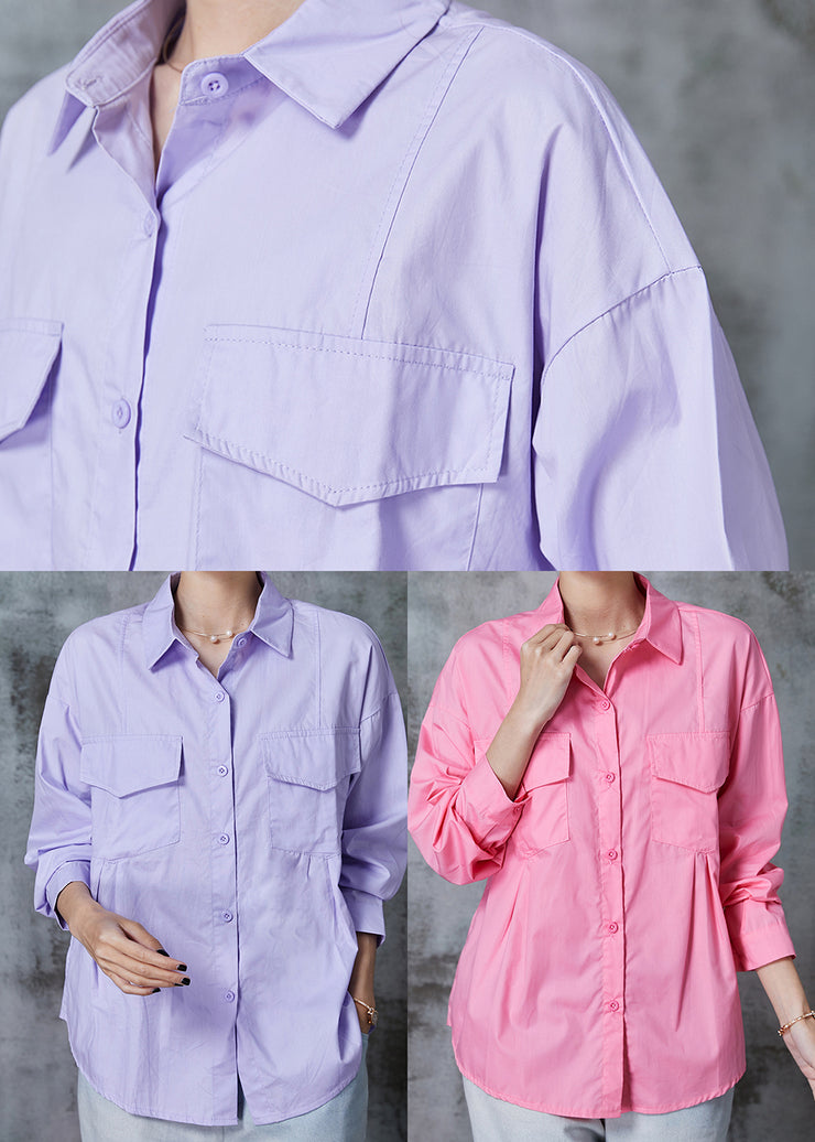 Pink Loose Cotton Shirt Tops Wrinkled Pockets Summer