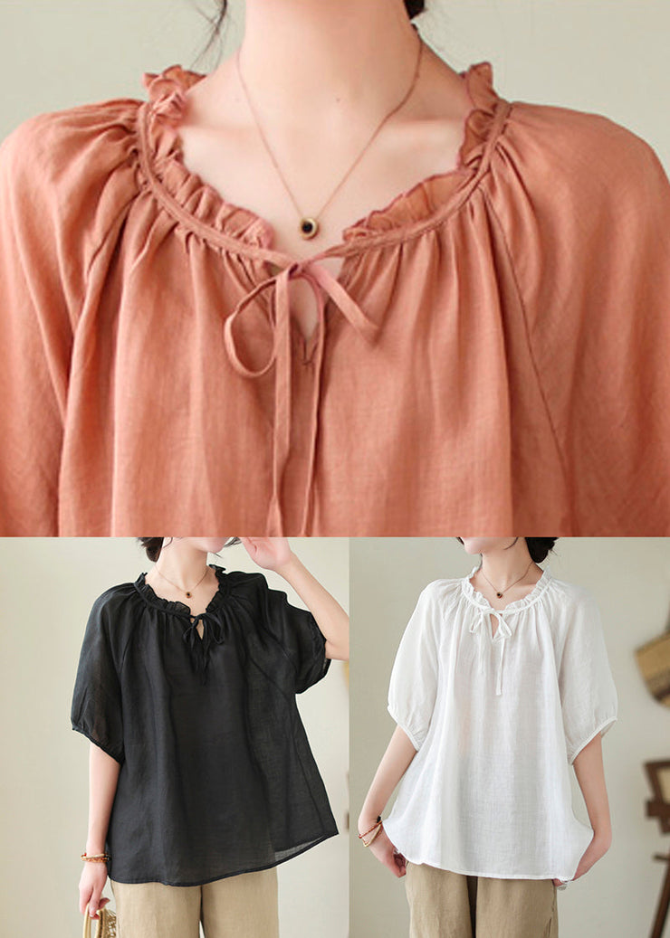 Pink Orange Linen Shirt Top Ruffled Lace Up Summer