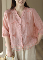 Pink Organza Patchwork Button Ramie Top Summer