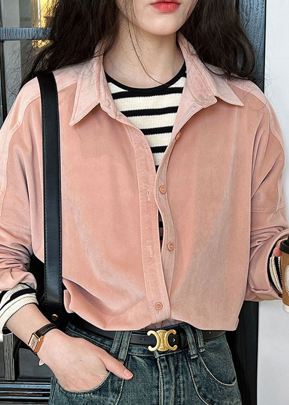 Pink Patchwork Button Corduroy Top Long Sleeve