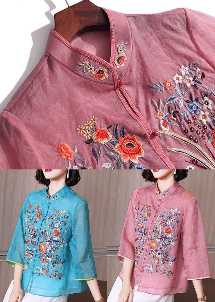 Pink Patchwork Chiffon Shirts Embroideried Stand Collar Button Summer