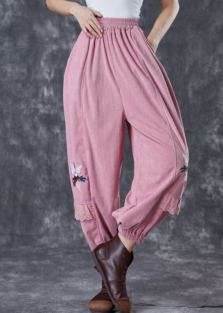 Pink Patchwork Corduroy Harem Pants Embroidered Fall