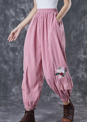 Pink Patchwork Corduroy Harem Pants Embroidered Fall