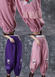 Pink Patchwork Corduroy Harem Pants Embroidered Fall