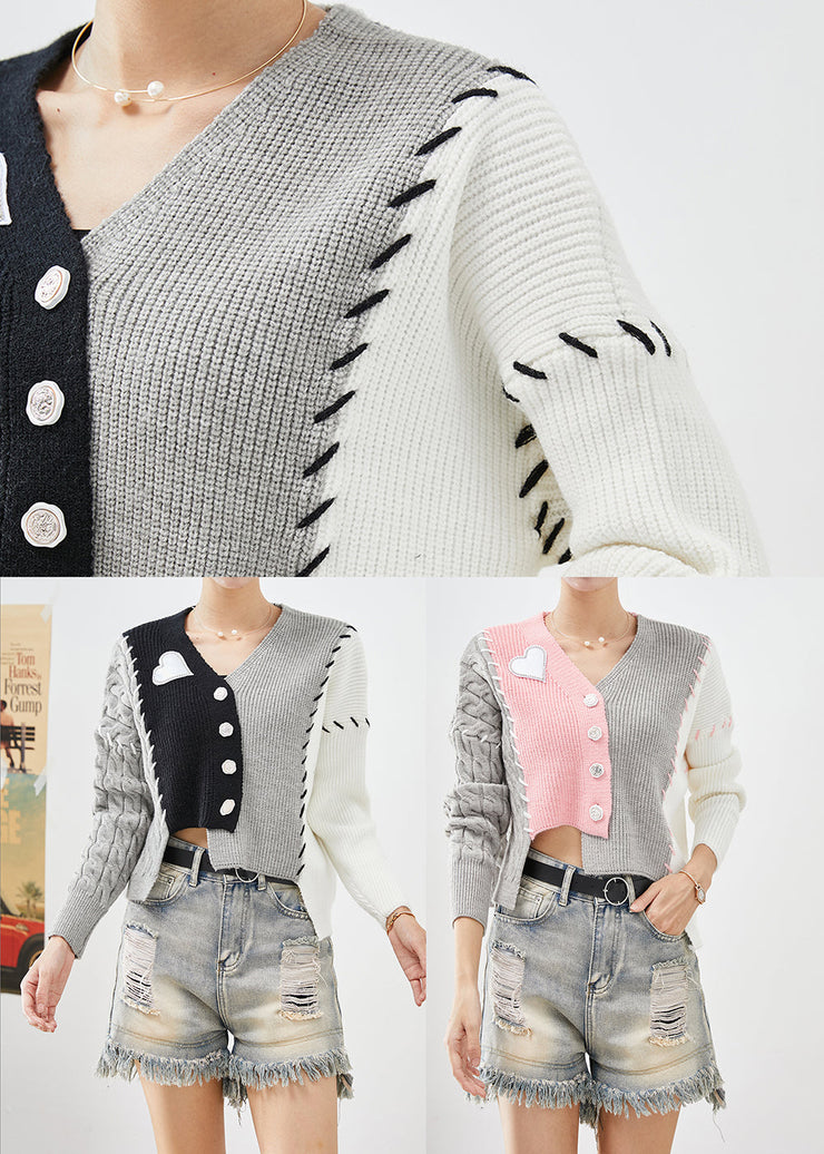 Pink Patchwork Knit Cardigans Asymmetrical Slim Fit Fall