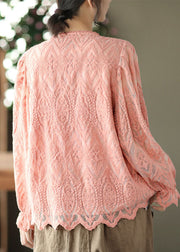 Pink Patchwork Lace Cardigans V Neck Flare Sleeve