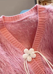 Pink Patchwork Mink Hair Knitted Cardigan V Neck Tasseled Fall