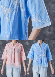 Pink Patchwork Organza Linen Shirts V Neck Embroideried Summer