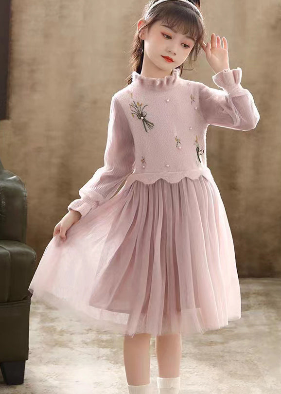 Pink Patchwork Tulle Kids Girls Princess Dress Ruffled Nail Bead Fall