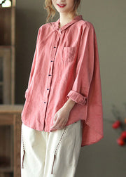 Pink Peter Pan Collar Button Linen Shirts Long Sleeve