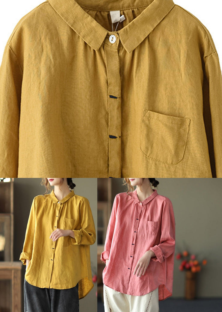 Pink Peter Pan Collar Button Linen Shirts Long Sleeve