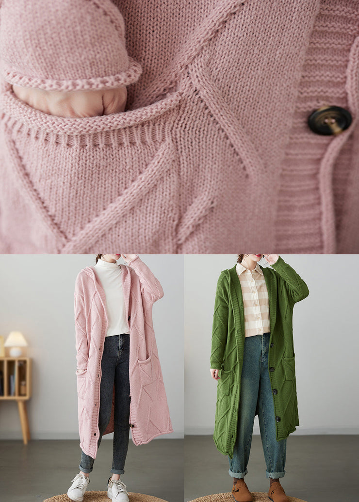 Pink Pockets Button Patchwork Loose Knit Cardigan Hooded Fall