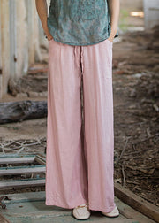 Pink Pockets Linen Wide Leg Pants Elastic Waist