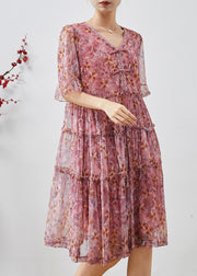 Pink Print Chiffon Long Dresses Chinese Button Summer