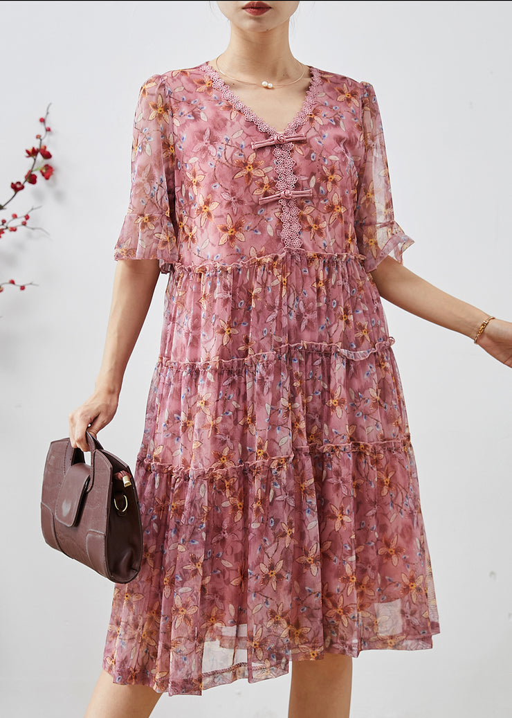 Pink Print Chiffon Long Dresses Chinese Button Summer