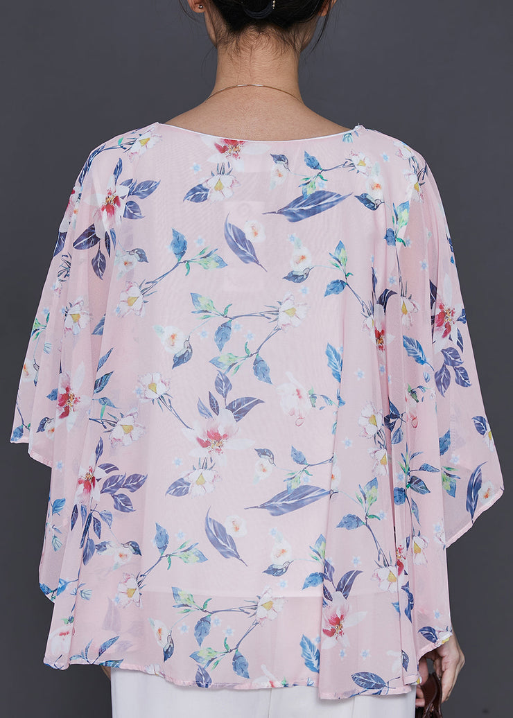 Pink Print Chiffon Top Oversized Batwing Sleeve