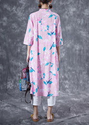 Pink Print Cotton Long Shirt Oversized Low High Design Summer