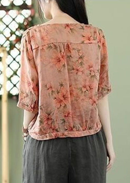 Pink Print Linen Shirt Tops V Neck Oversized Summer