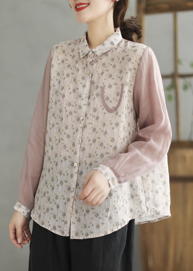 Pink Print Linen Top Peter Pan Collar Spring