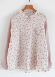 Pink Print Linen Top Peter Pan Collar Spring