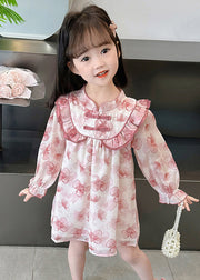 Pink Print Patchwork Cotton Girls Dresses Stand Collar Fall