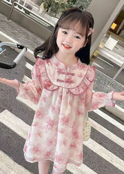 Pink Print Patchwork Cotton Girls Dresses Stand Collar Fall