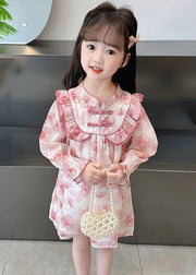 Pink Print Patchwork Cotton Girls Dresses Stand Collar Fall