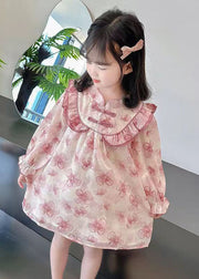 Pink Print Patchwork Cotton Girls Dresses Stand Collar Fall