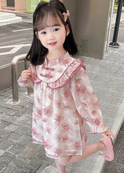 Pink Print Patchwork Cotton Girls Dresses Stand Collar Fall