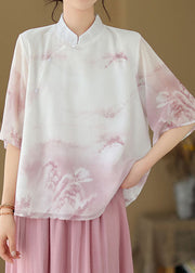 Pink Print Patchwork Silk Shirt Tops Stand Collar Button Summer