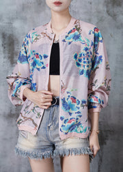 Pink Print Silk Coats Oversized Stand Collar Fall