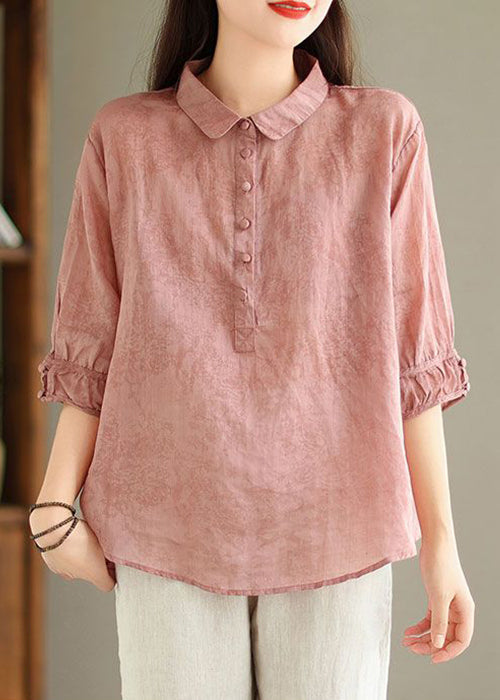 Pink Print Solid Linen Top Button Half Sleeve