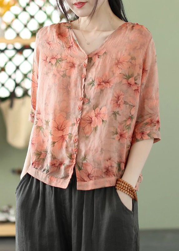 Pink Print Thin Cotton Shirt V Neck Summer