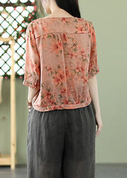 Pink Print Thin Cotton Shirt V Neck Summer