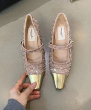 Pink Sequins Buckle Strap Splicing Chunky Heel Loafers