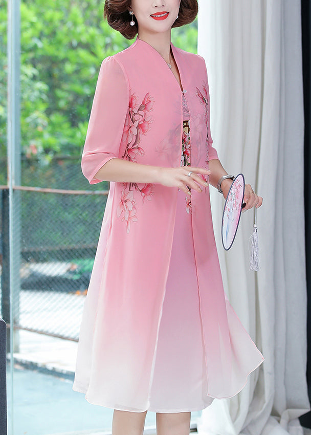 Pink Side Open Chiffon Dresses Stand Collar Half Sleeve