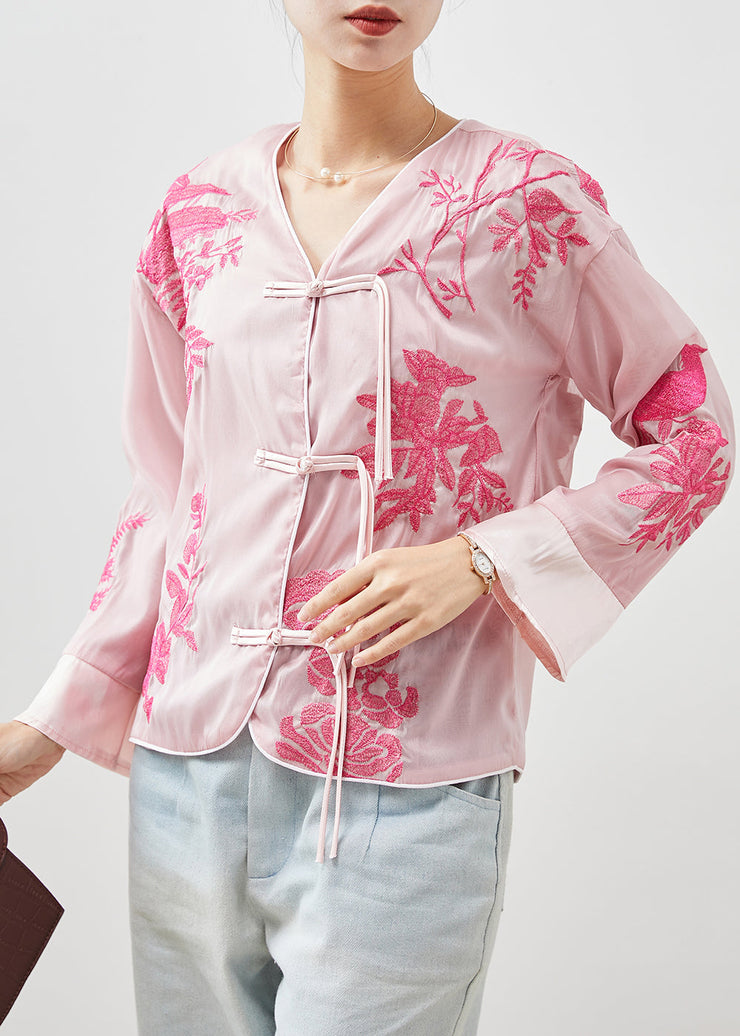 Pink Silk Blouse Tops Embroidered Tasseled Fall