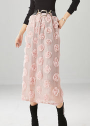 Pink Silm Fit Knit Skirts Three-dimensional Floral Fall