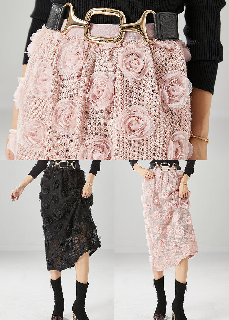 Pink Silm Fit Knit Skirts Three-dimensional Floral Fall