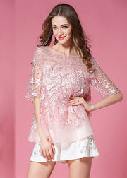 Pink Slim Fit Organza Top Embroideried Hollow Out Summer