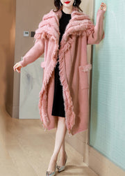 Pink Solid Thick Knit Winter Cardigan Fox Collar