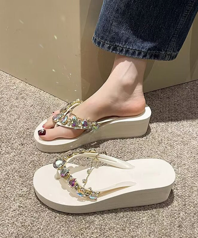 Pink Stylish Wedge Heel Splicing Tassel Zircon Flip Flops