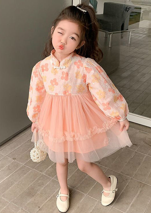 Pink Tulle Patchwork Girls Dress Ruffled Long Sleeve