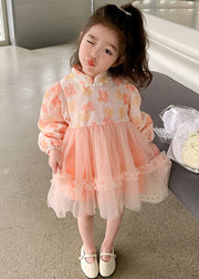 Pink Tulle Patchwork Girls Dress Ruffled Long Sleeve